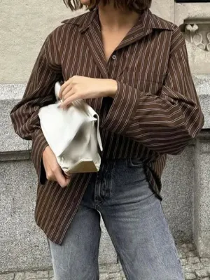 TAVIMART  -  Vintage Solid Striped Pocket Blouse Women Single Breasted Long Sleeve Loose Tops Shirt 2025 Spring New Streetwear Casual Blouses