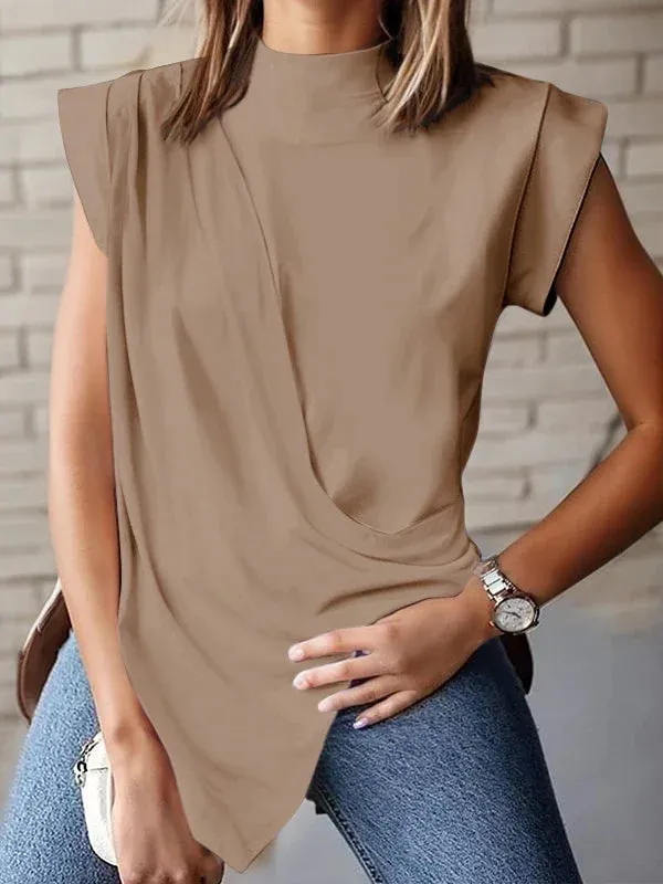 TAVIMART  -  Women Fashion Solid Color Pleated T-Shirts New Summer Cap Sleeves Asymmetric Loose Casual Going Out Tops