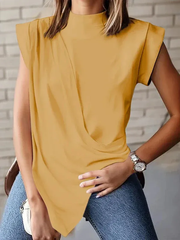 TAVIMART  -  Women Fashion Solid Color Pleated T-Shirts New Summer Cap Sleeves Asymmetric Loose Casual Going Out Tops