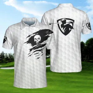 The Golf Skull Short Sleeve Golf Polo Shirt, Black And White Golf Pattern Ripped Skull Polo Shirt Coolspod