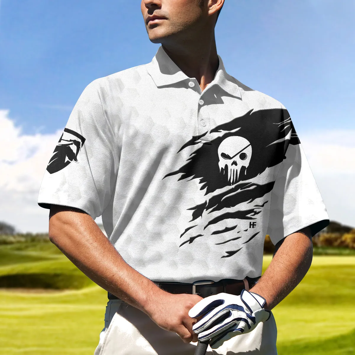 The Golf Skull Short Sleeve Golf Polo Shirt, Black And White Golf Pattern Ripped Skull Polo Shirt Coolspod