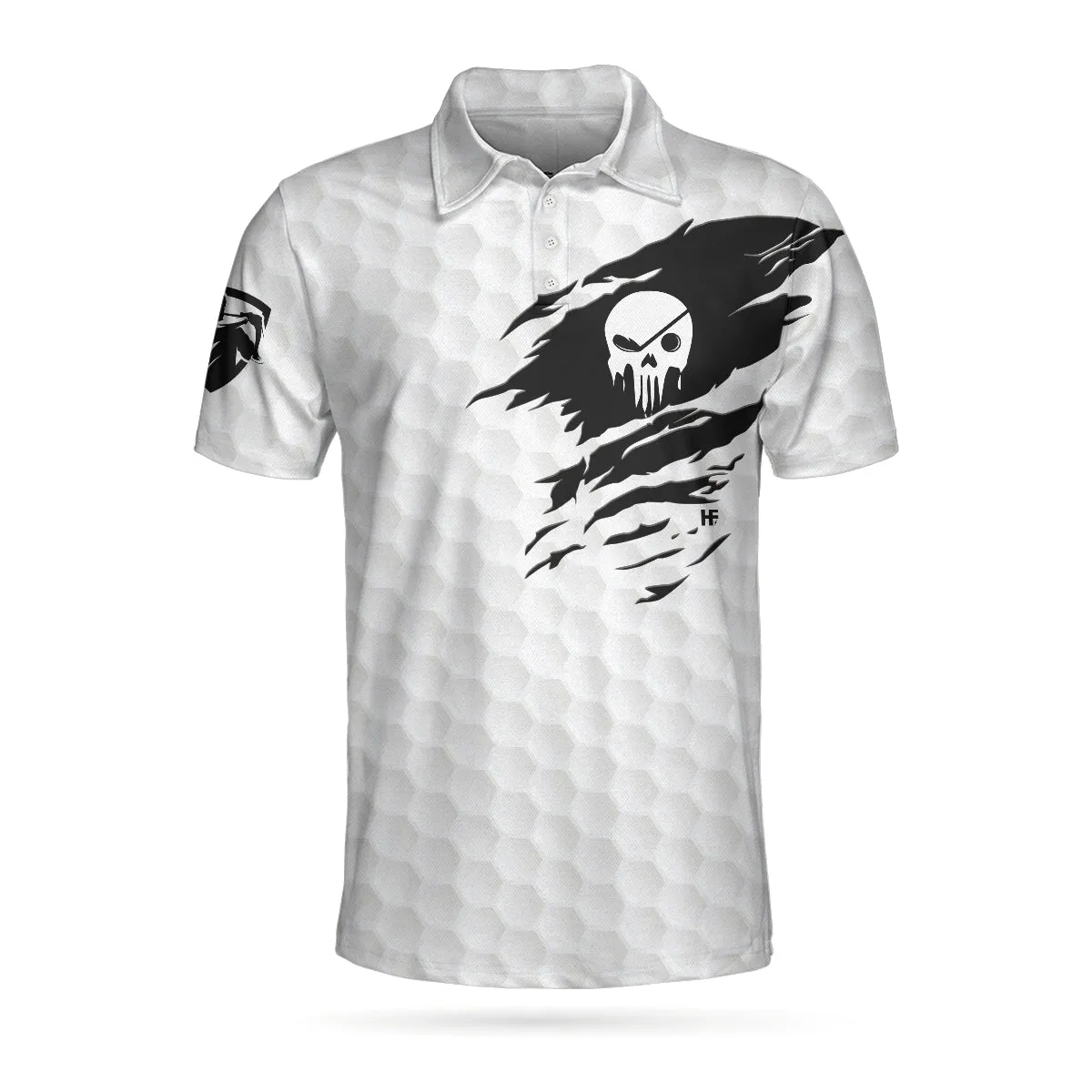 The Golf Skull Short Sleeve Golf Polo Shirt, Black And White Golf Pattern Ripped Skull Polo Shirt Coolspod