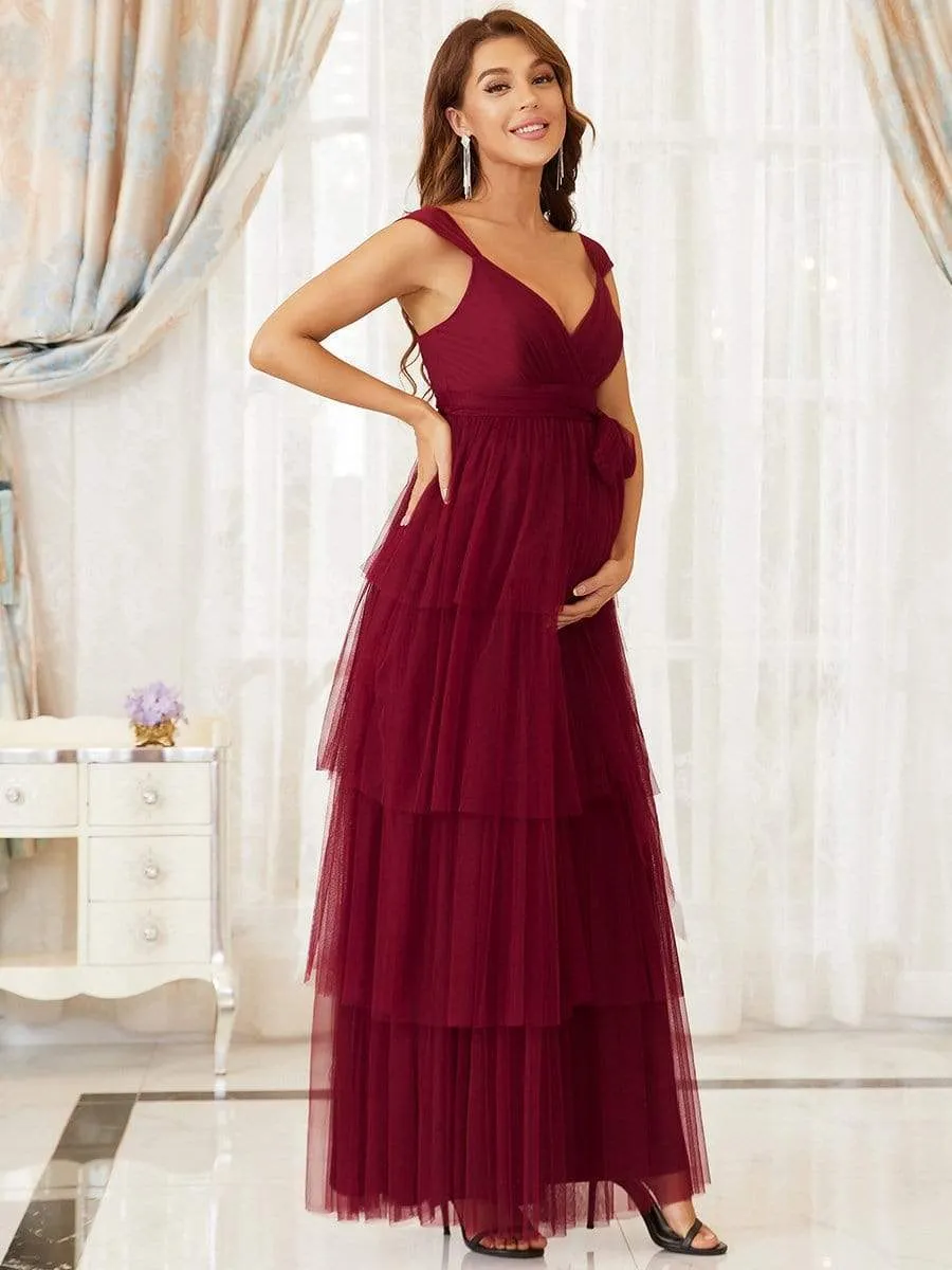 Tie Waist V-Neck Tiered Floor-length Maternity Dress