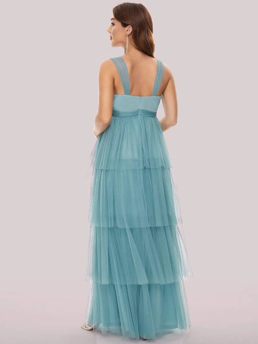 Tie Waist V-Neck Tiered Floor-length Maternity Dress