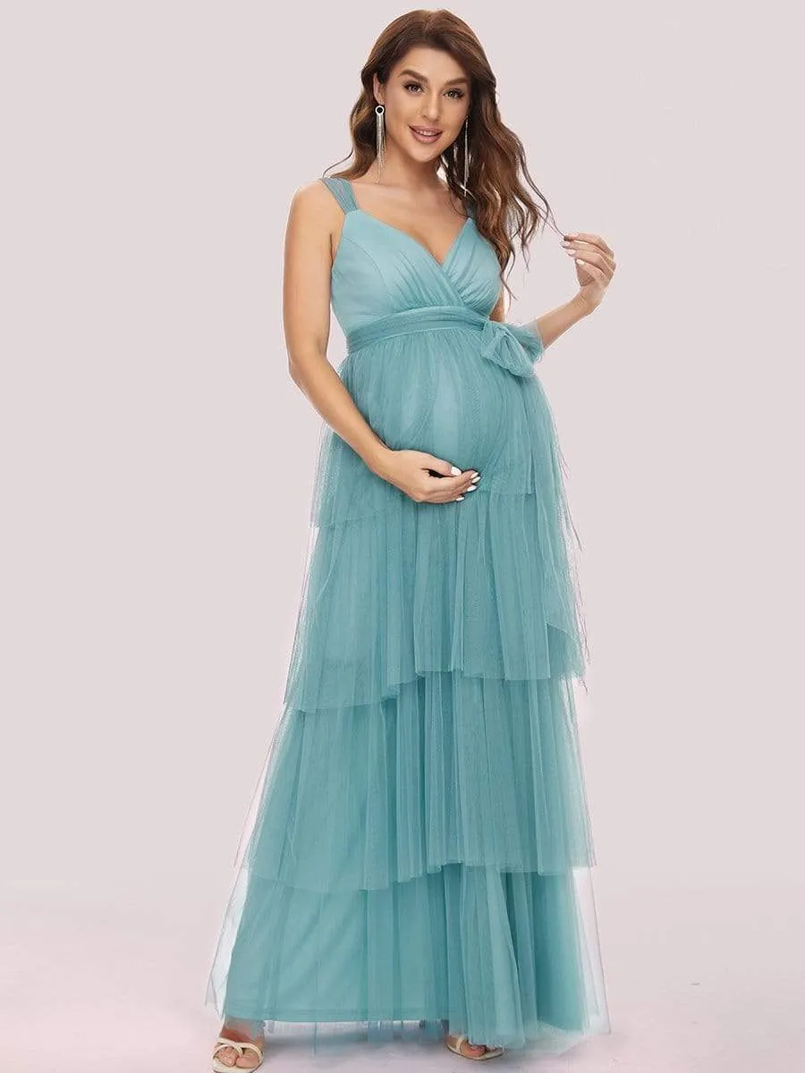 Tie Waist V-Neck Tiered Floor-length Maternity Dress