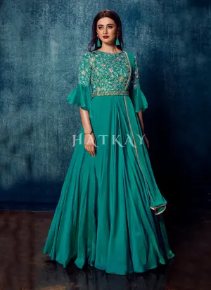 Turquoise Sequence Embroidered Designer Gown