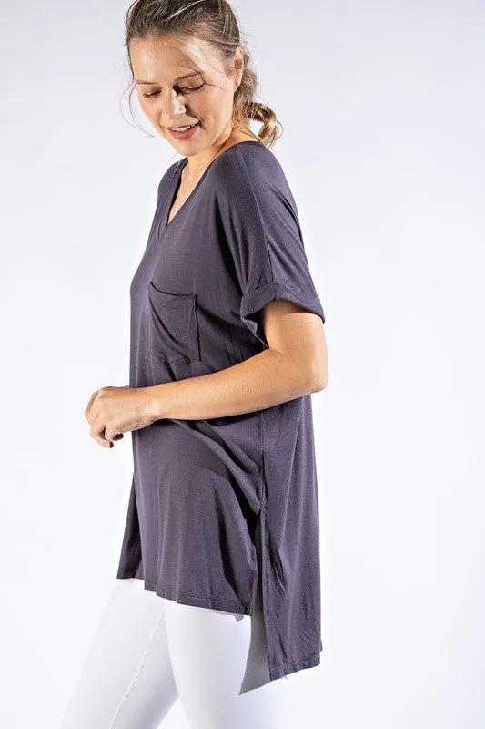 V NECK BASIC HIGH LOW HEM TOP