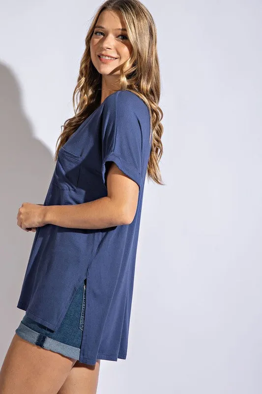 V NECK BASIC HIGH LOW HEM TOP