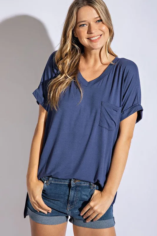 V NECK BASIC HIGH LOW HEM TOP