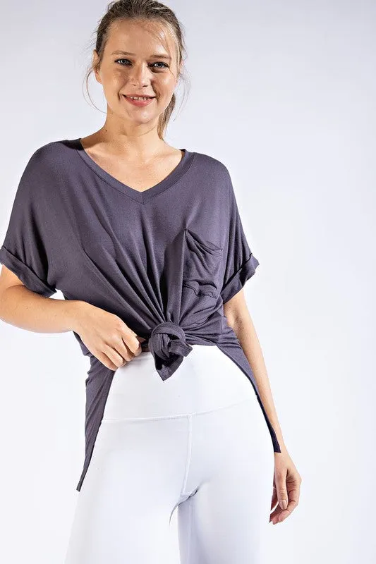 V NECK BASIC HIGH LOW HEM TOP