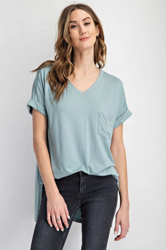 V NECK BASIC HIGH LOW HEM TOP