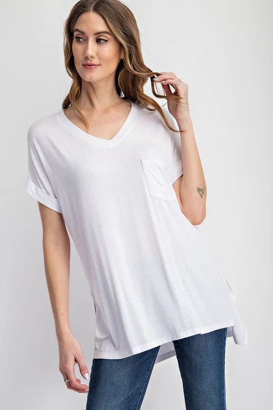 V NECK BASIC HIGH LOW HEM TOP