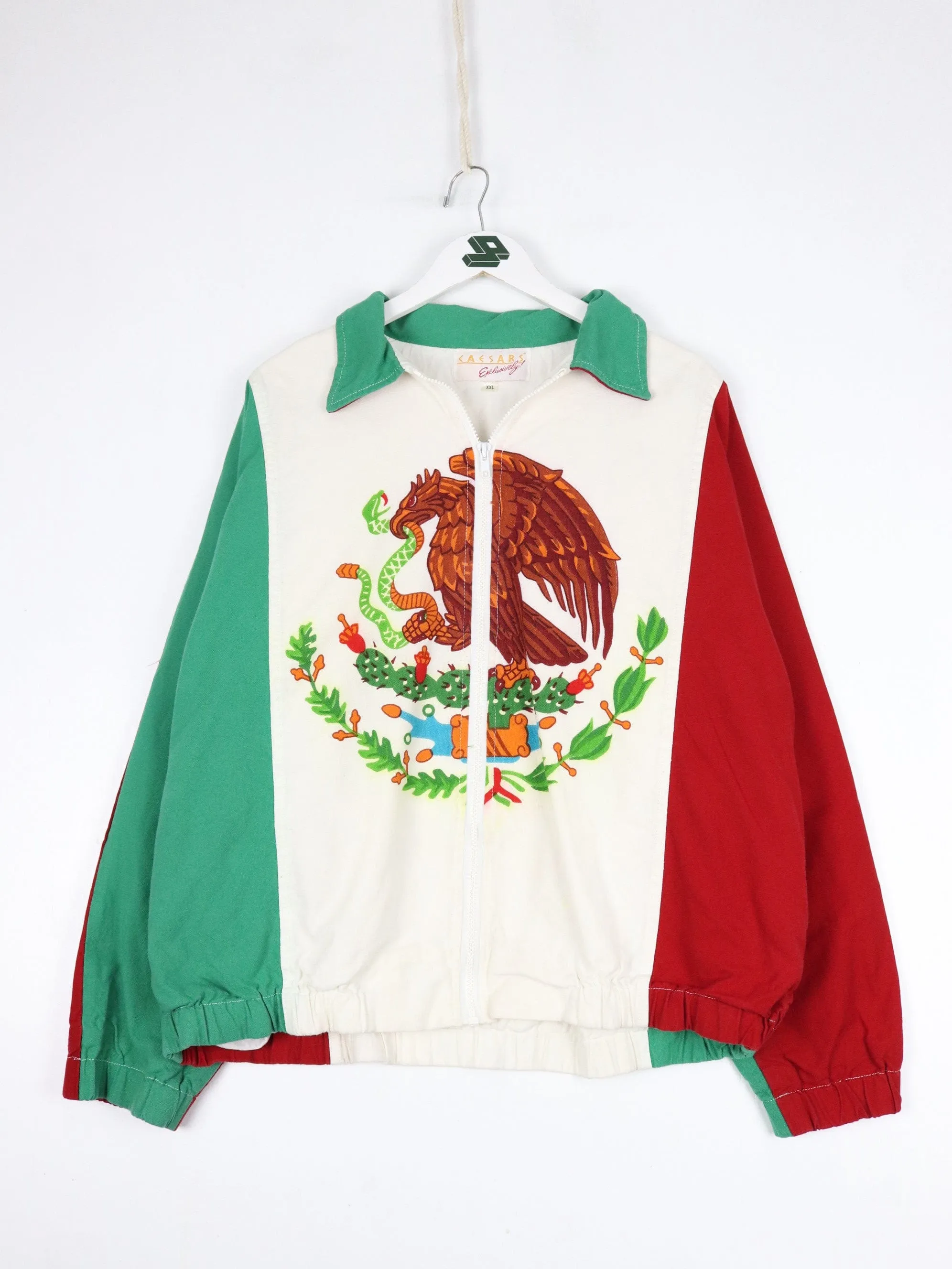 Vintage Caesers Jacket Mens 2XL White Mexico Flag Windbreaker