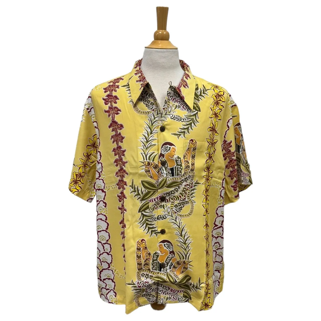 Vintage Prints Hula Girl & Flower Lei Print Hawaiian Shirt Yellow | Vintage Aloha Shirts Brand: Kamehameha