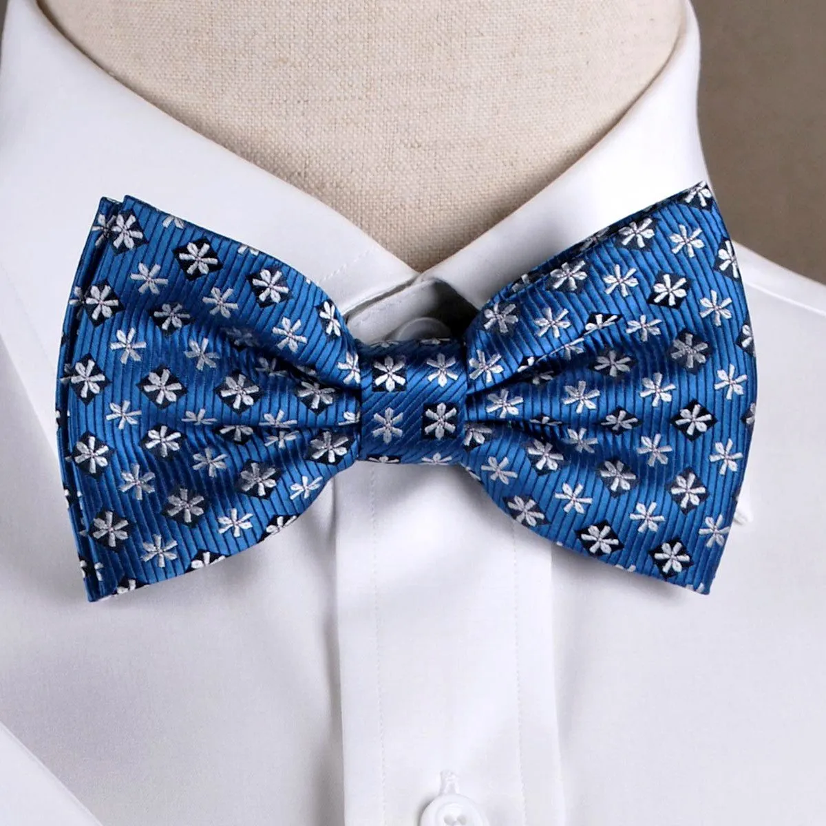 White Inverted Snowflake Blue Floral Bow Tie Australia