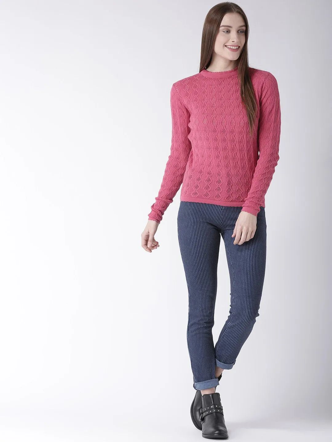 Women Cotton Casual Long Sleeve  Pink Winter Sweaters