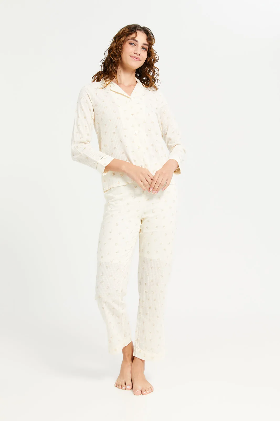 Women Ivory Printed Classic Linen Pyjama Set (2 Piece)