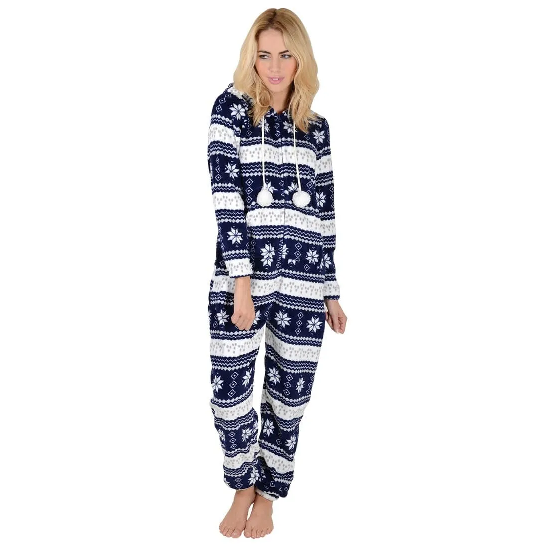 Womens Snowflake Hooded Fleece All In One Pyjamas Nightwear