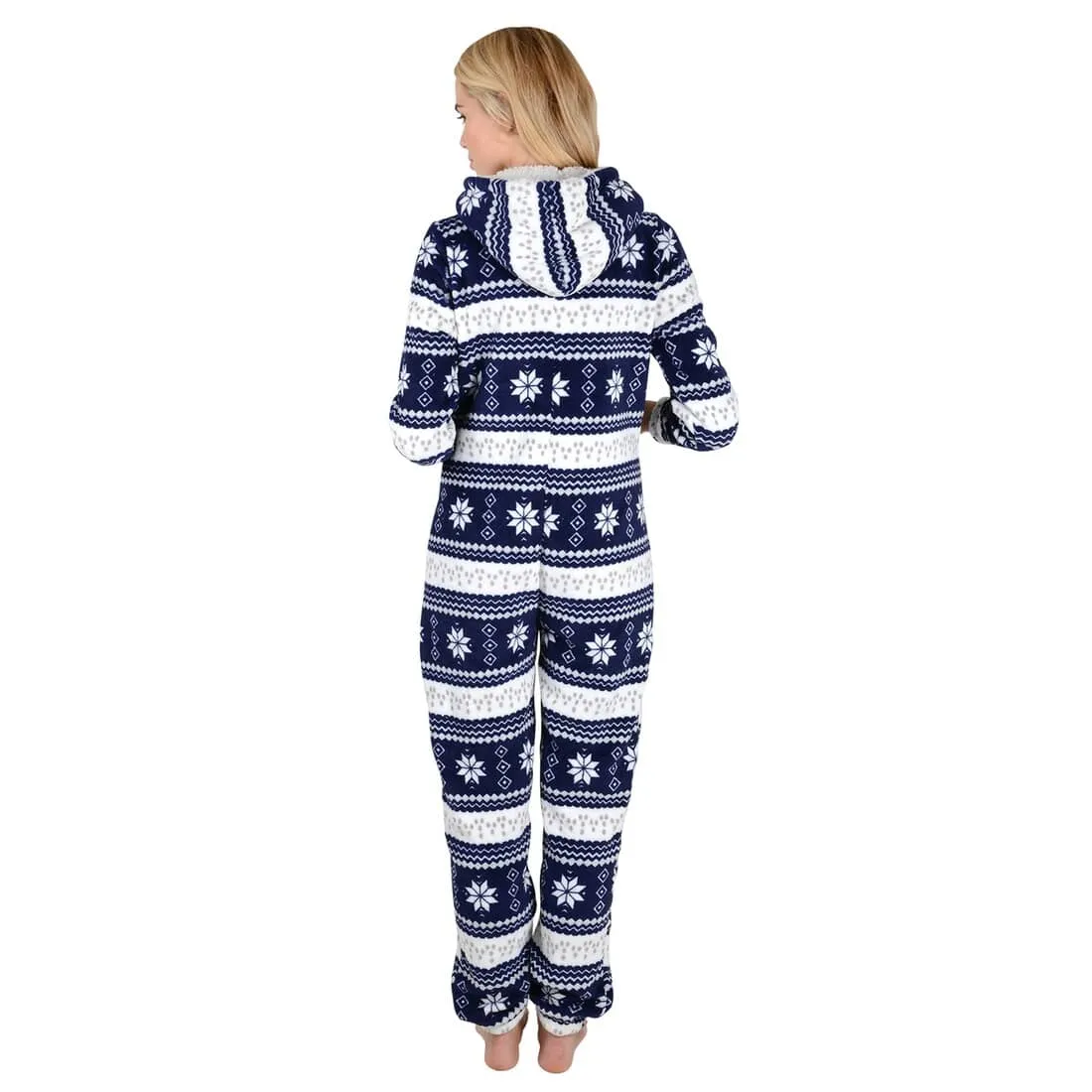 Womens Snowflake Hooded Fleece All In One Pyjamas Nightwear