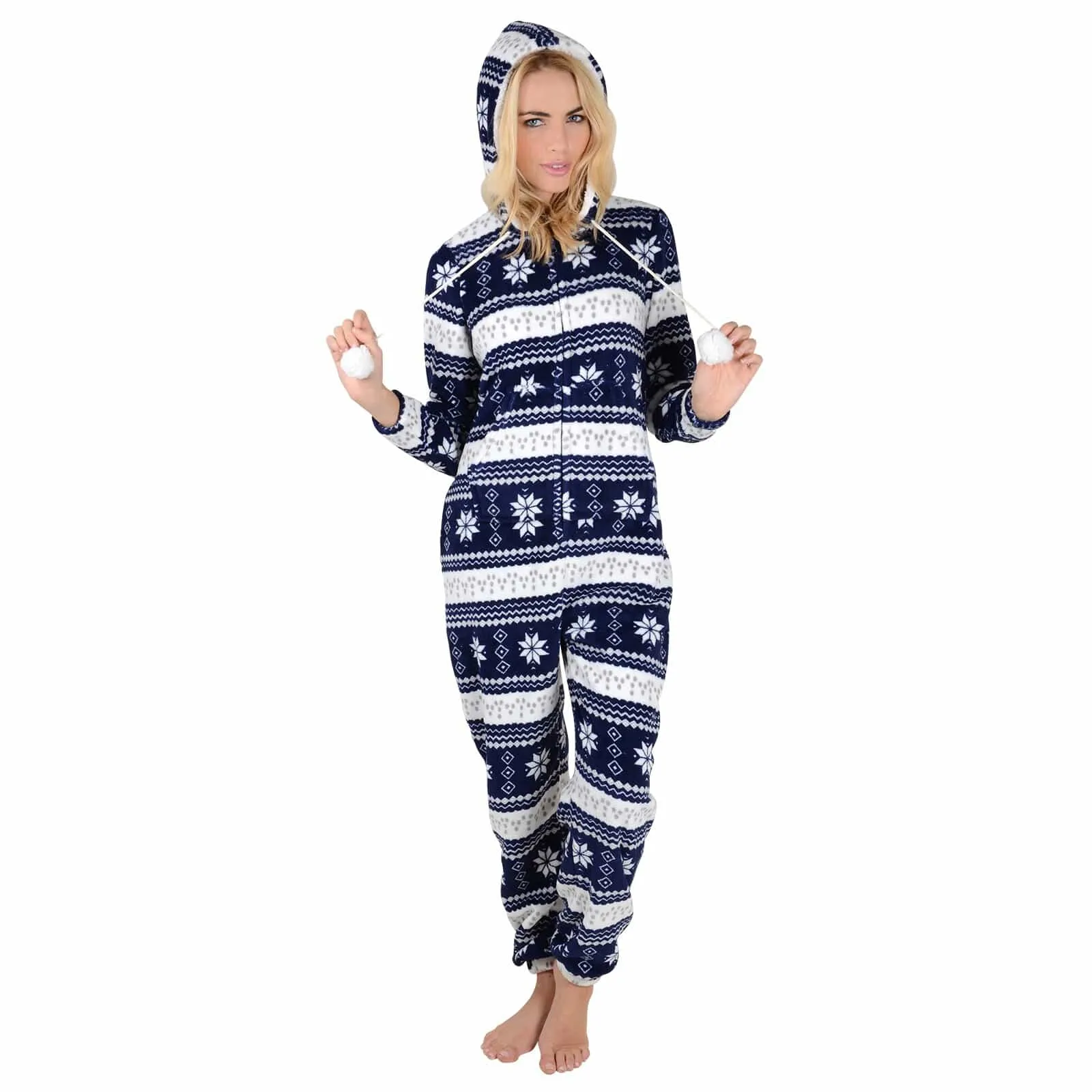 Womens Snowflake Hooded Fleece All In One Pyjamas Nightwear