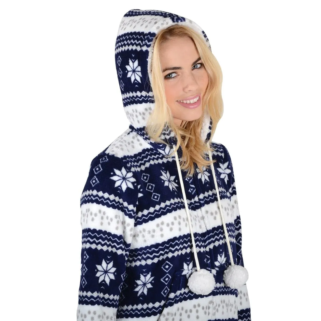 Womens Snowflake Hooded Fleece All In One Pyjamas Nightwear